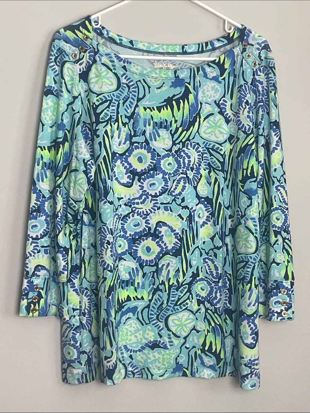Lilly Pulitzer Blue & Lime Floral Long-Sleeve Boatneck Top